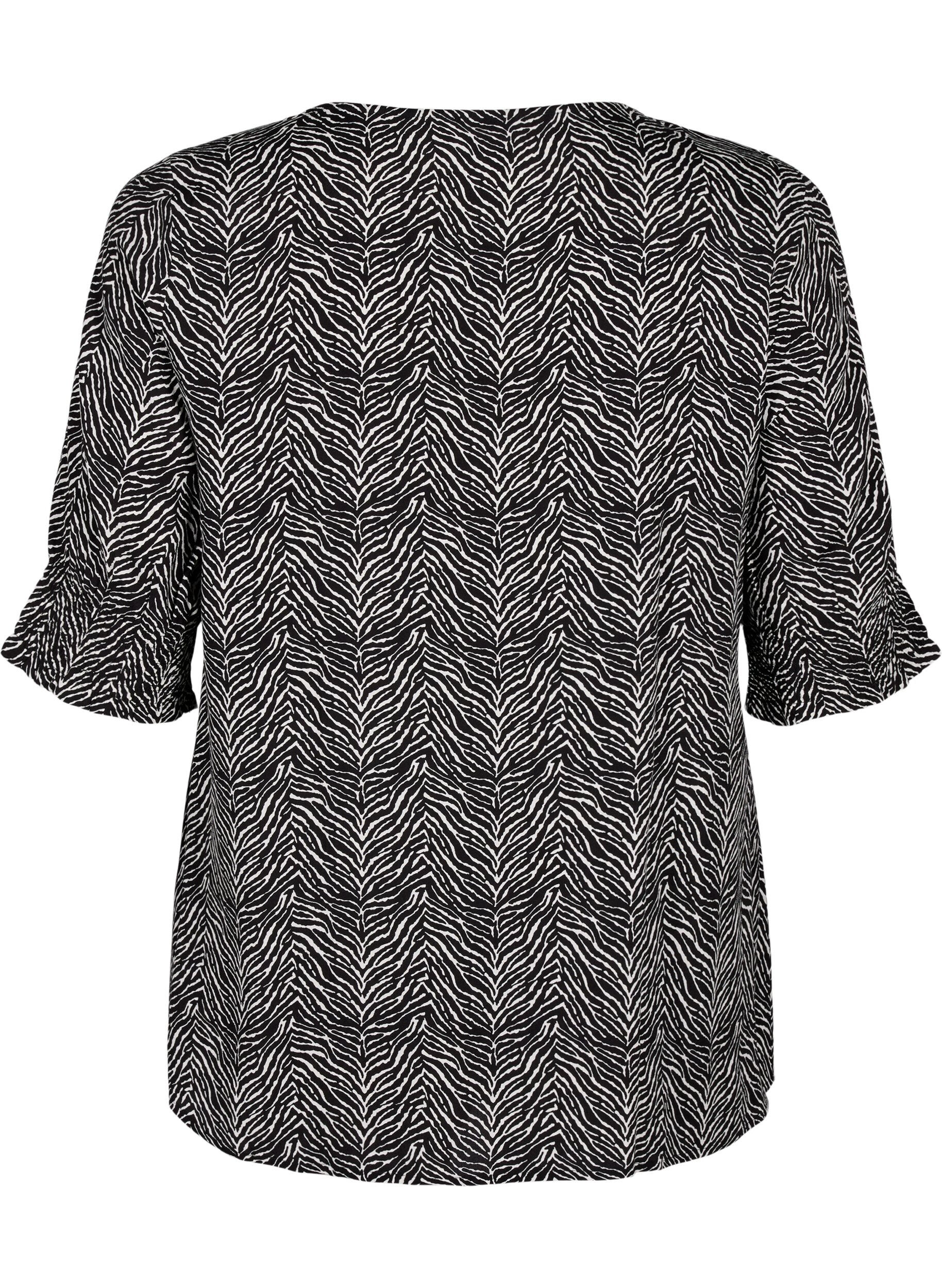 Zizzi Viskosebluse med knapper, Black Graphic AOP, Packshot image number 1