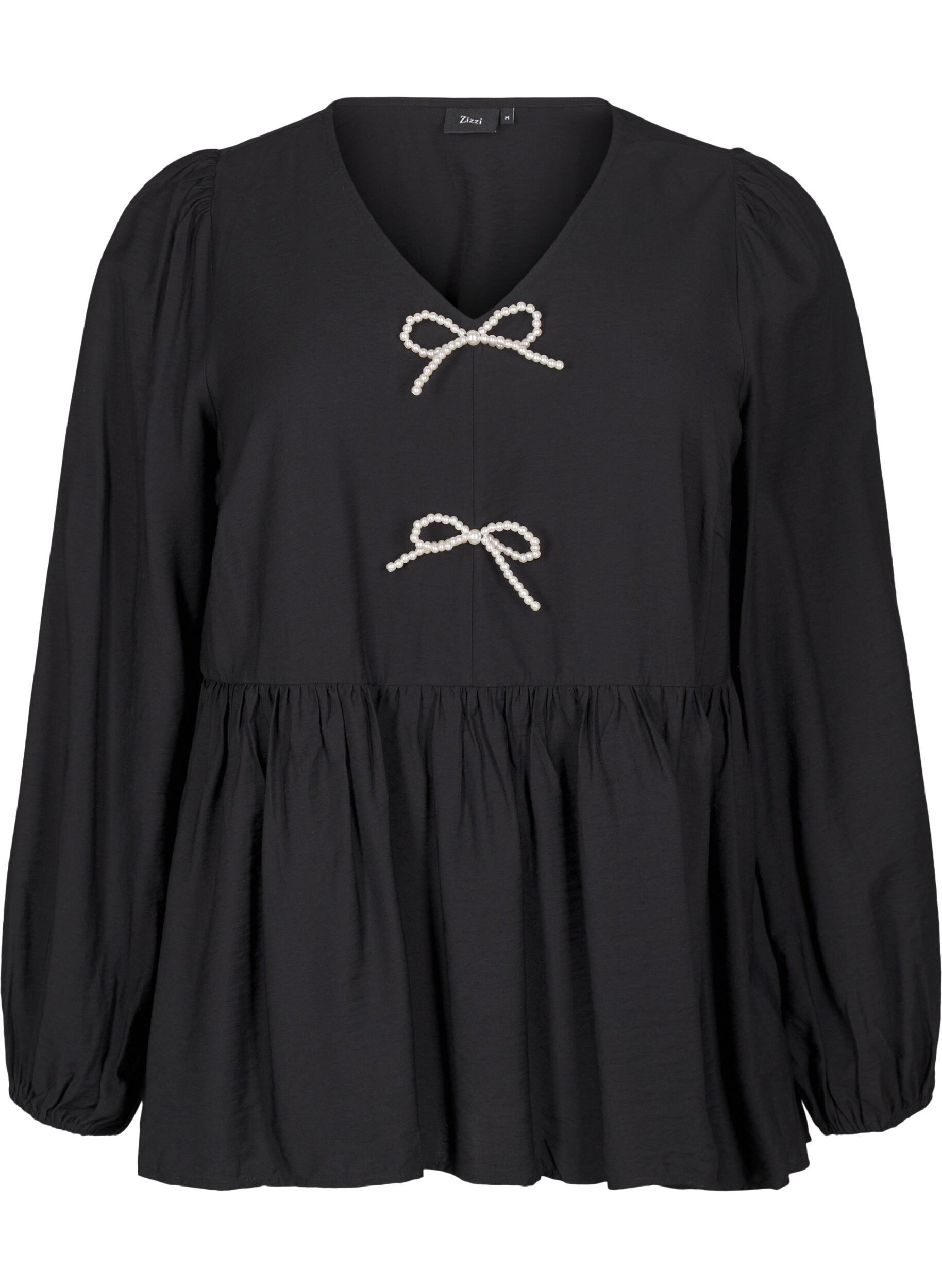 Zizzi Bluse med perlesl&oslash;jfer og lange &aelig;rmer, Black, Packshot image number 0