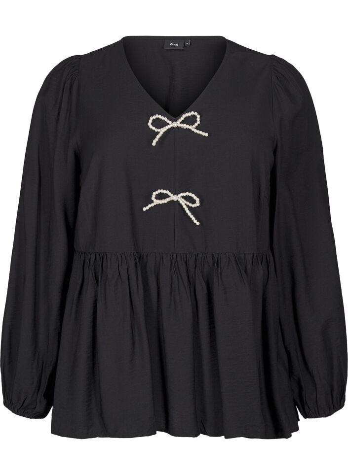 Bluse med perlesløjfer og lange ærmer, Black, Packshot image number 0