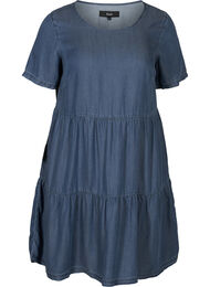 Kortærmet denim kjole med læg, Medium Blue