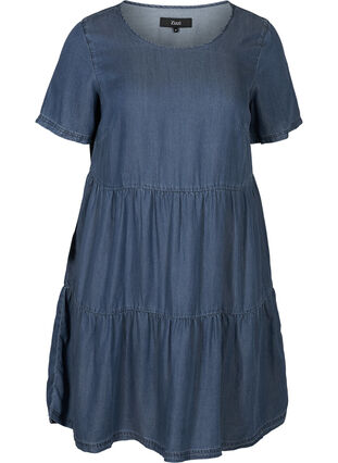 Kortærmet denim kjole med læg, Medium Blue, Packshot image number 0