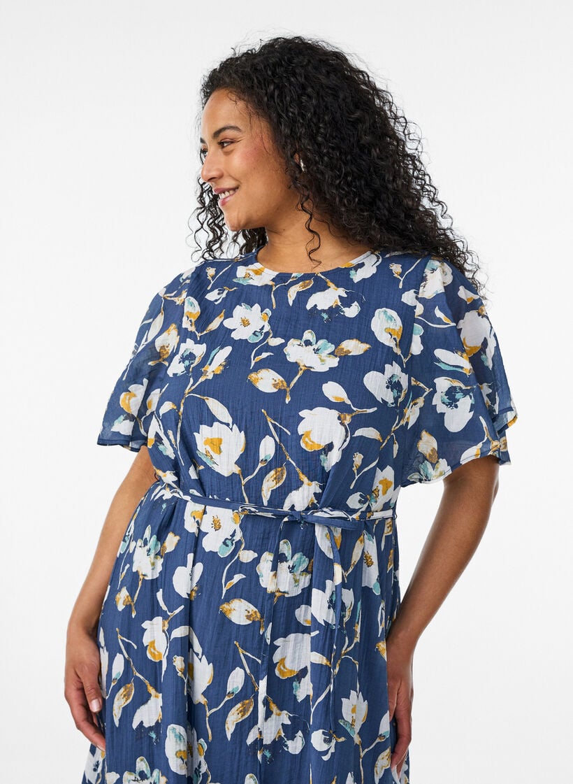 Ankellang kjole med vinge&aelig;rmer og bindeb&aring;nd, Bl&aring;, Model image number 2