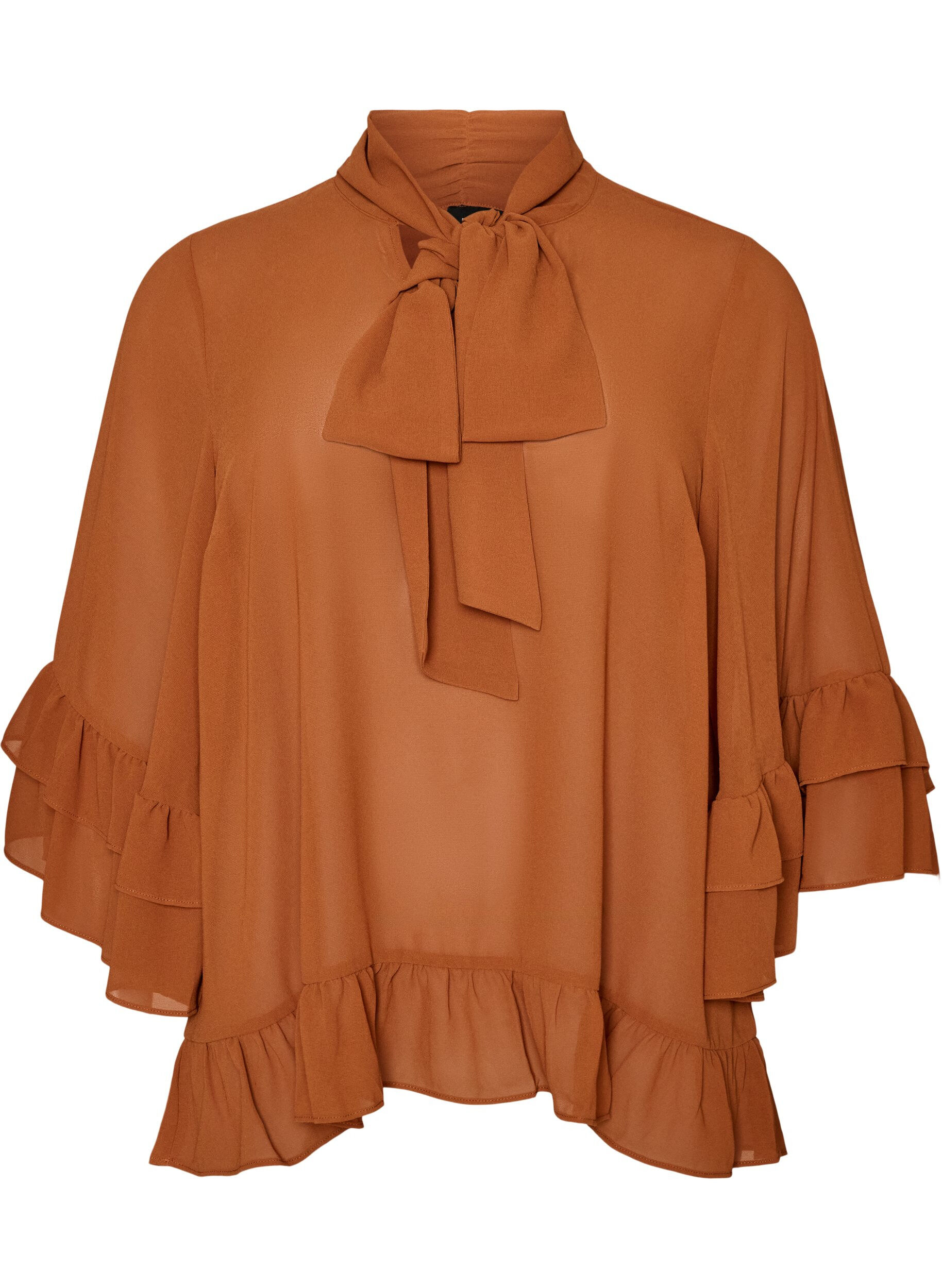 ZizziBluse med sl&oslash;jfeb&aring;nd og fl&aelig;sedetaljer, Brun, Packshot image number 0