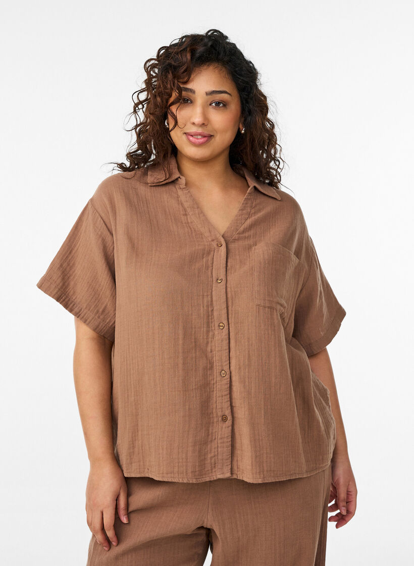 Skjortebluse i bomuldsmusselin med korte &aelig;rmer, Brun, Model image number 0