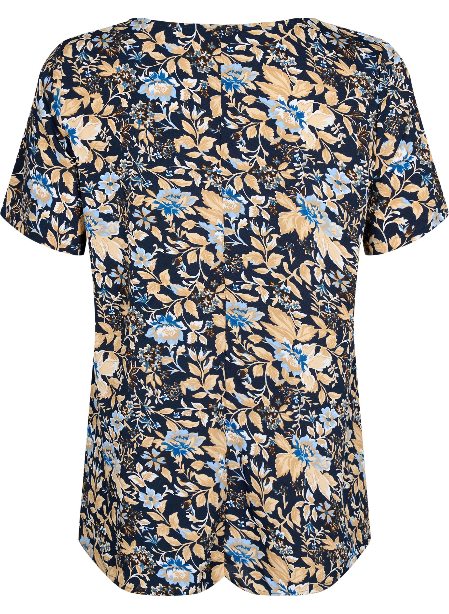 Zizzi FLASH - Bluse med korte &aelig;rmer og print, Brown Blue Flower, Packshot image number 1