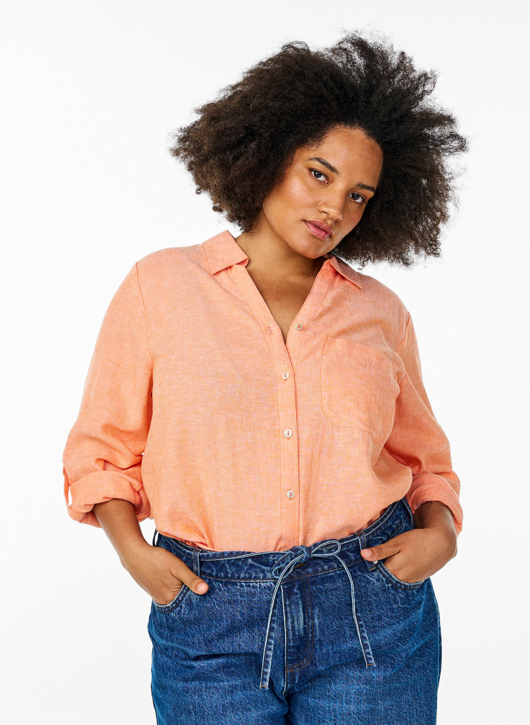 ZizziSkjorte i h&oslash;r og viskose med 3/4-&aelig;rmer, Orange, Model image number 0