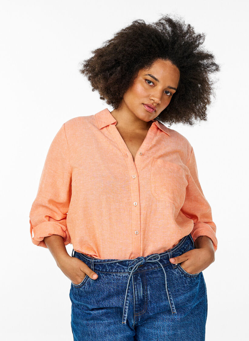 Skjorte i h&oslash;r og viskose med 3/4-&aelig;rmer, Orange, Model image number 0