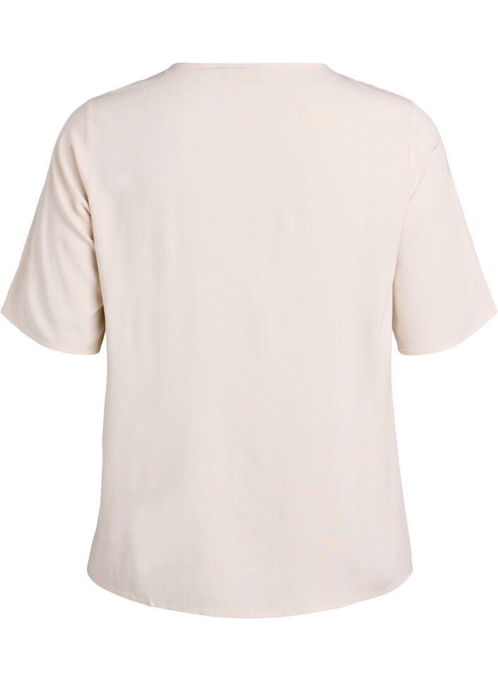 Kort&aelig;rmet v&aelig;vet bluse med rund hals, Beige, Packshot image number 1