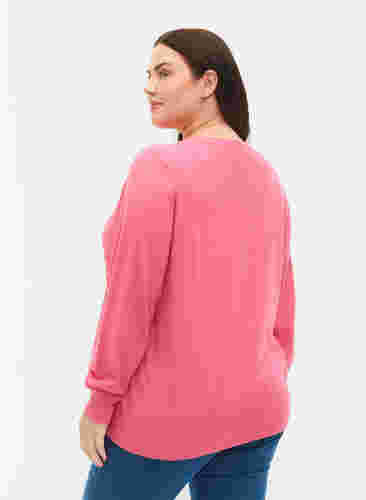 Ensfarvet strikbluse med ribdetaljer, Hot Pink Mel., Model image number 1