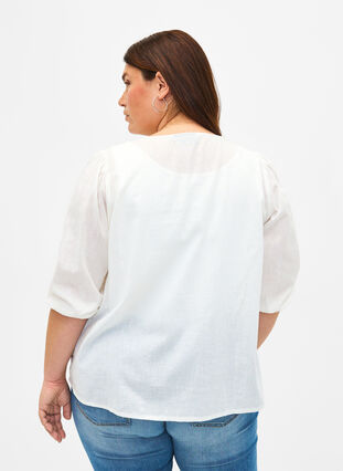 3/4 ærmet bluse i bomuldsmix med hør, Bright White, Model image number 1