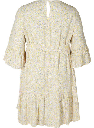 Printet viskose kjole med bindebånd i taljen, Yellow AOP Flower, Packshot image number 1