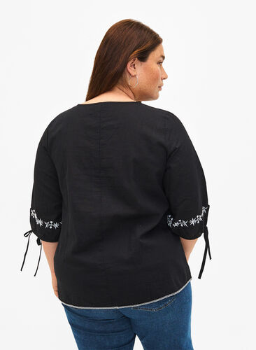 Broderet bluse i bomuldsmix med hør, Black W. EMB, Model image number 1