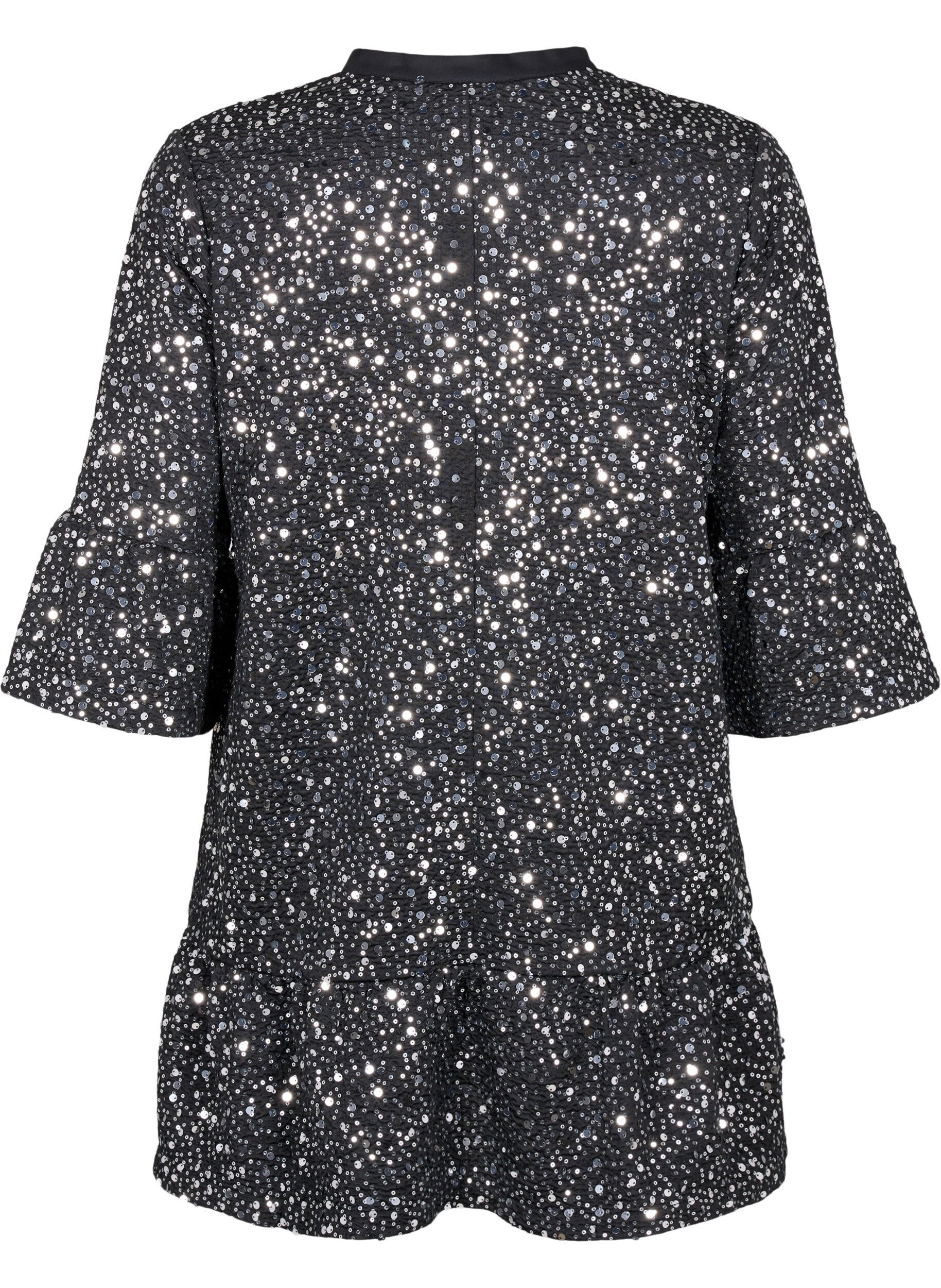 Zizzi Pailletkjole med V-udsk&aelig;ring og 3/4 &aelig;rmer, Black w. Sequins, Packshot image number 1