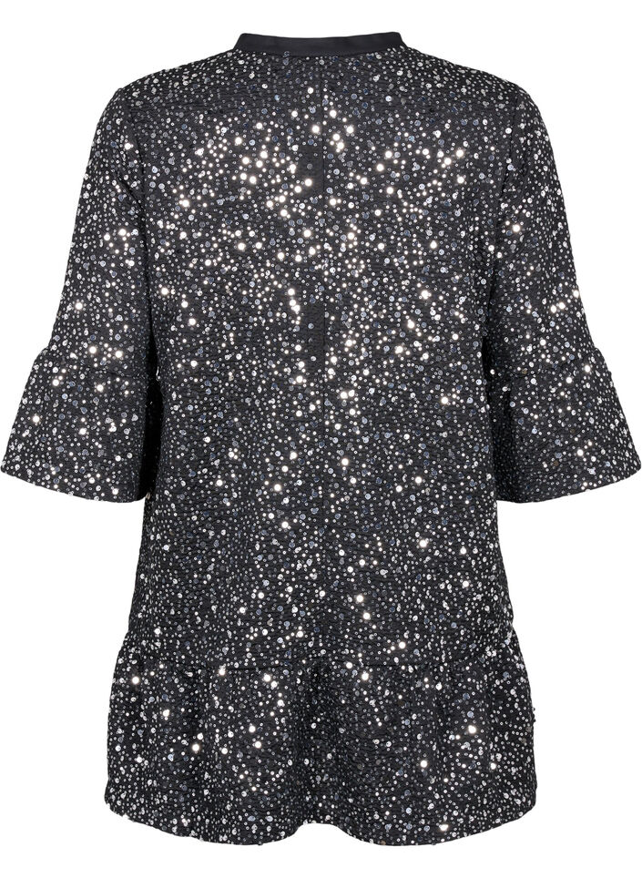 Pailletkjole med V-udskæring og 3/4 ærmer, Black w. Sequins, Packshot image number 1