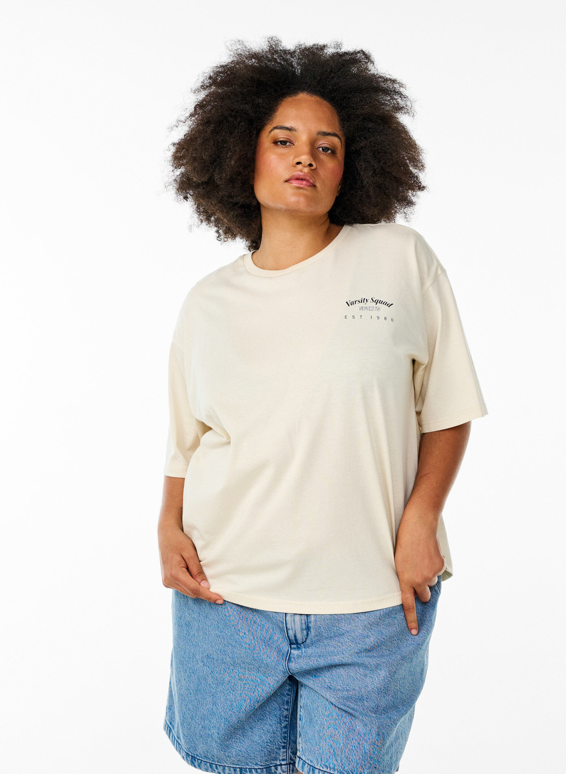 Oversize t-shirt med rygprint, Beige, Model