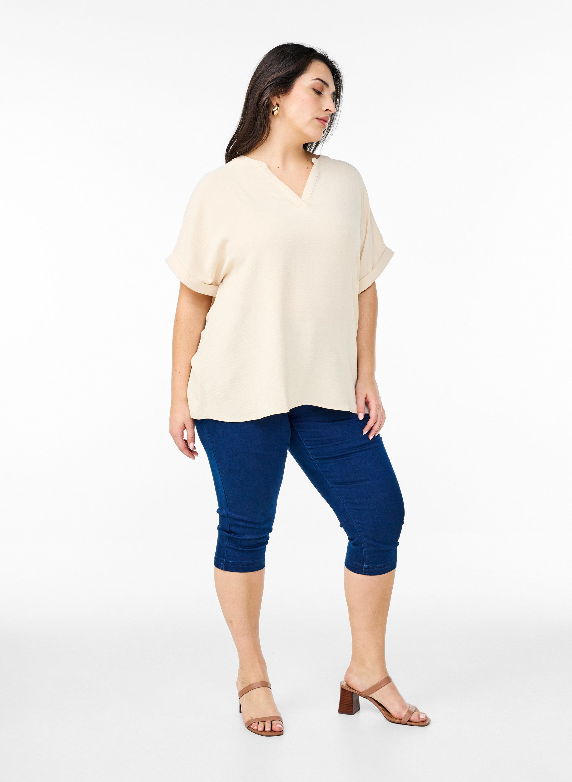ZizziL&oslash;s bluse med korte &aelig;rmer, Beige, Model image number 1