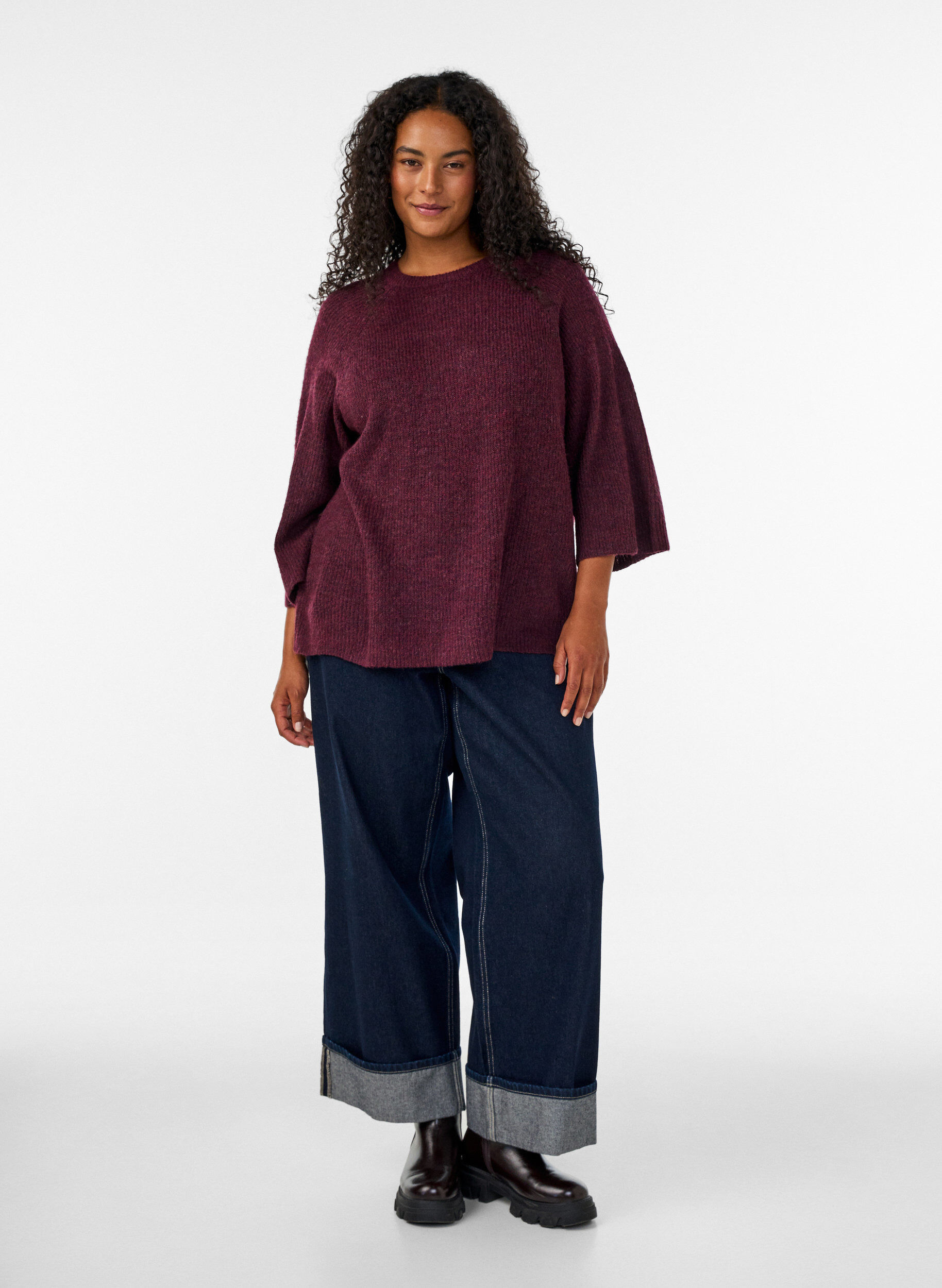 ZizziRibstrikket tr&oslash;je med 3/4 &aelig;rmer, R&oslash;d, Model image number 1
