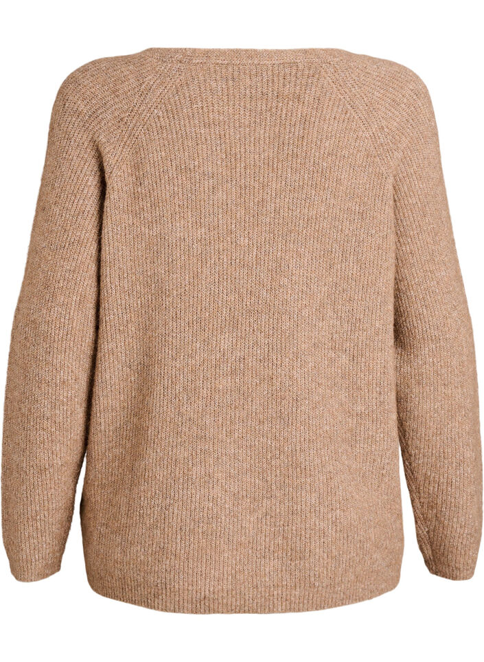 Strikbluse med V-hals og raglan&aelig;rmer, Brun, Packshot image number 1
