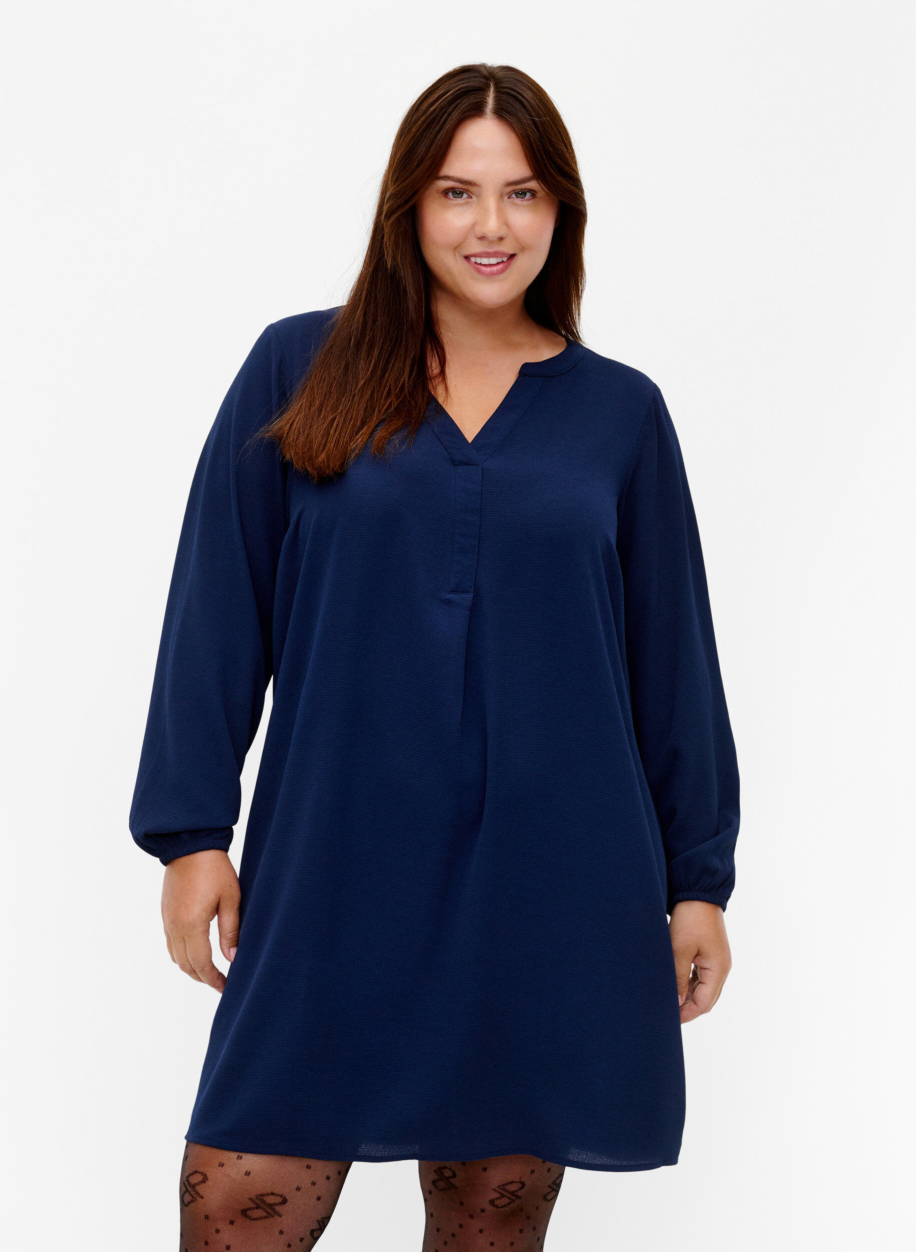 Zizzi Lang&aelig;rmet kjole med v-udsk&aelig;ring, Navy, Model image number 0