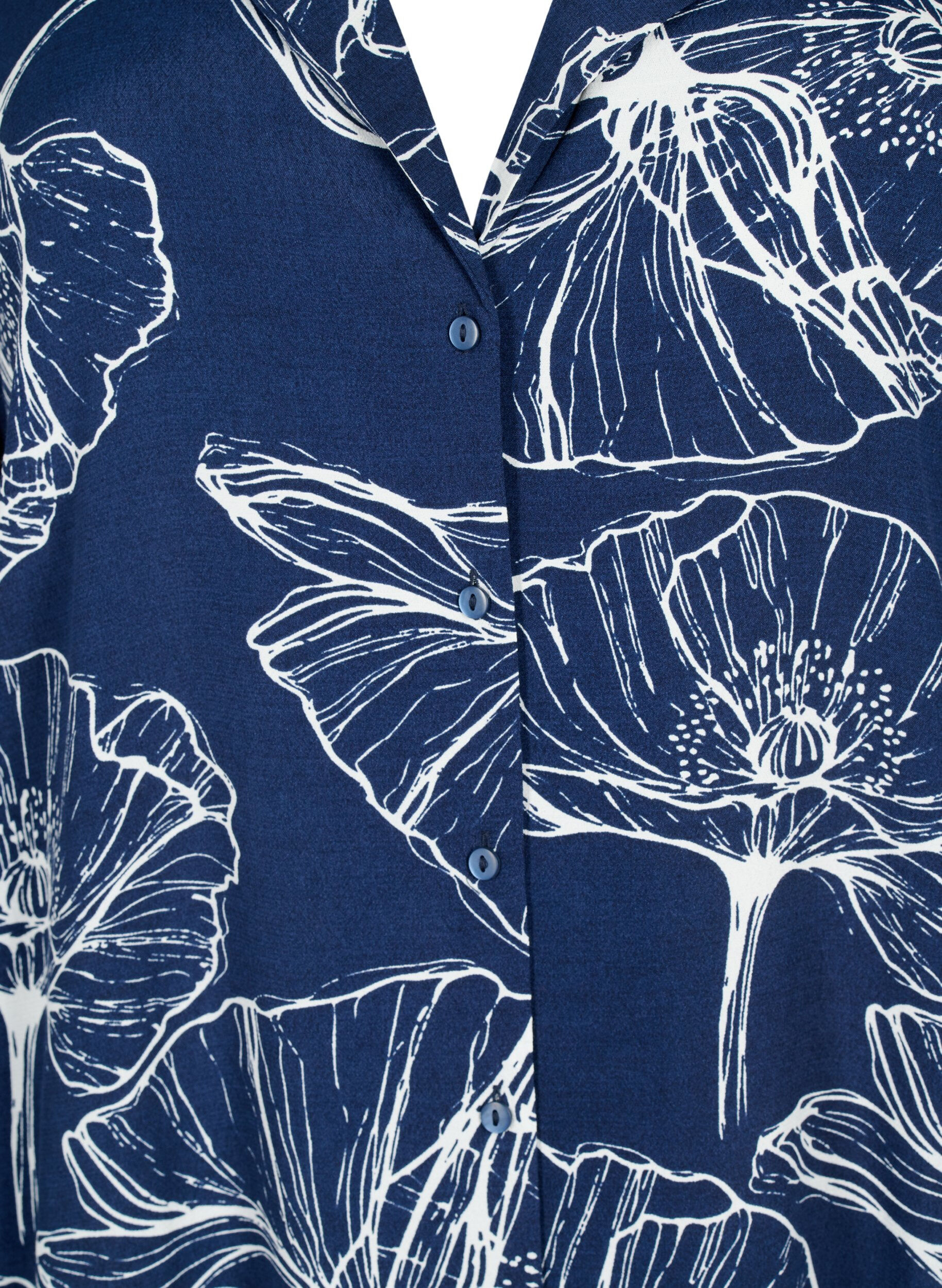 Zizzi Viskose skjorte med blomsterprint og lange &aelig;rmer, Navy B./Big Fl.AOP, Packshot image number 2