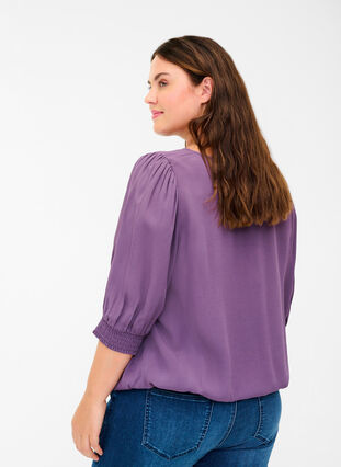 Viskose bluse med 3/4 ærmer og smock, Vintage Violet, Model image number 1