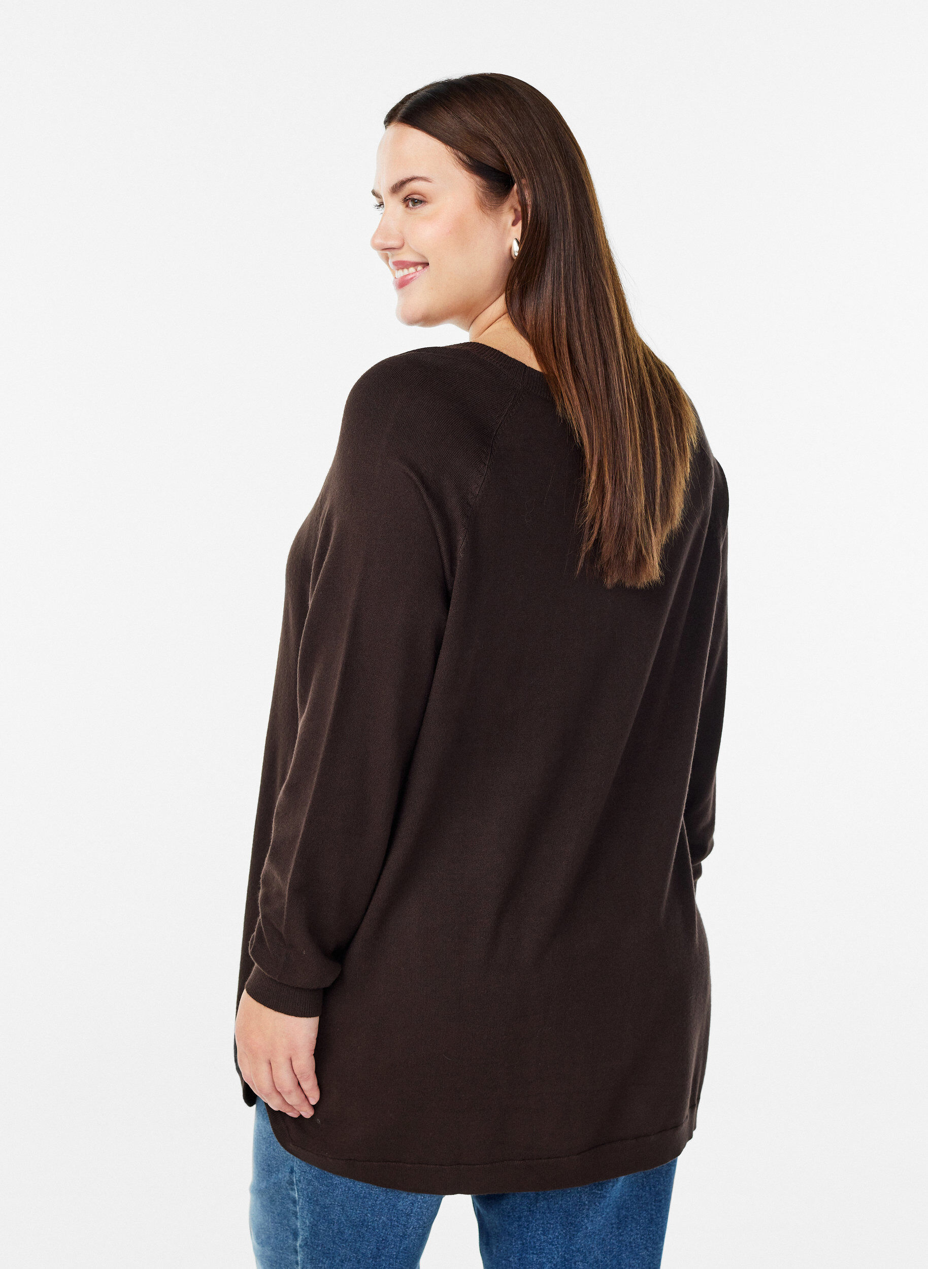ZizziStrikbluse med knapper i siden, Brun, Model image number 2