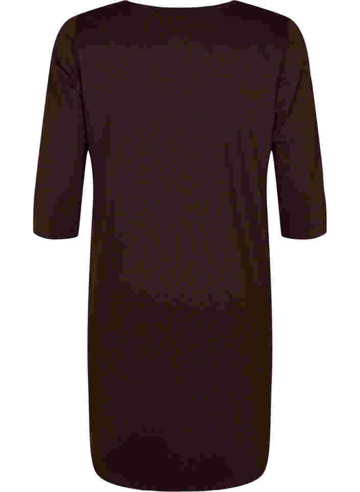 Ensfarvet kjole med v-hals og 3/4 ærmer, Coffee Bean, Packshot image number 1
