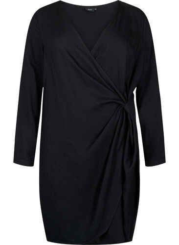 Langærmet kjole i viskose med wrap-look, Black, Packshot image number 0