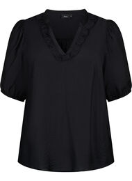 Viskosebluse med pufærmer og flæser, Black