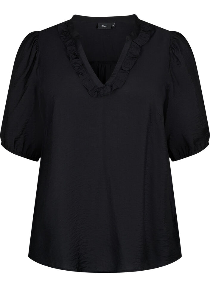 Viskosebluse med pufærmer og flæser, Black, Packshot image number 0