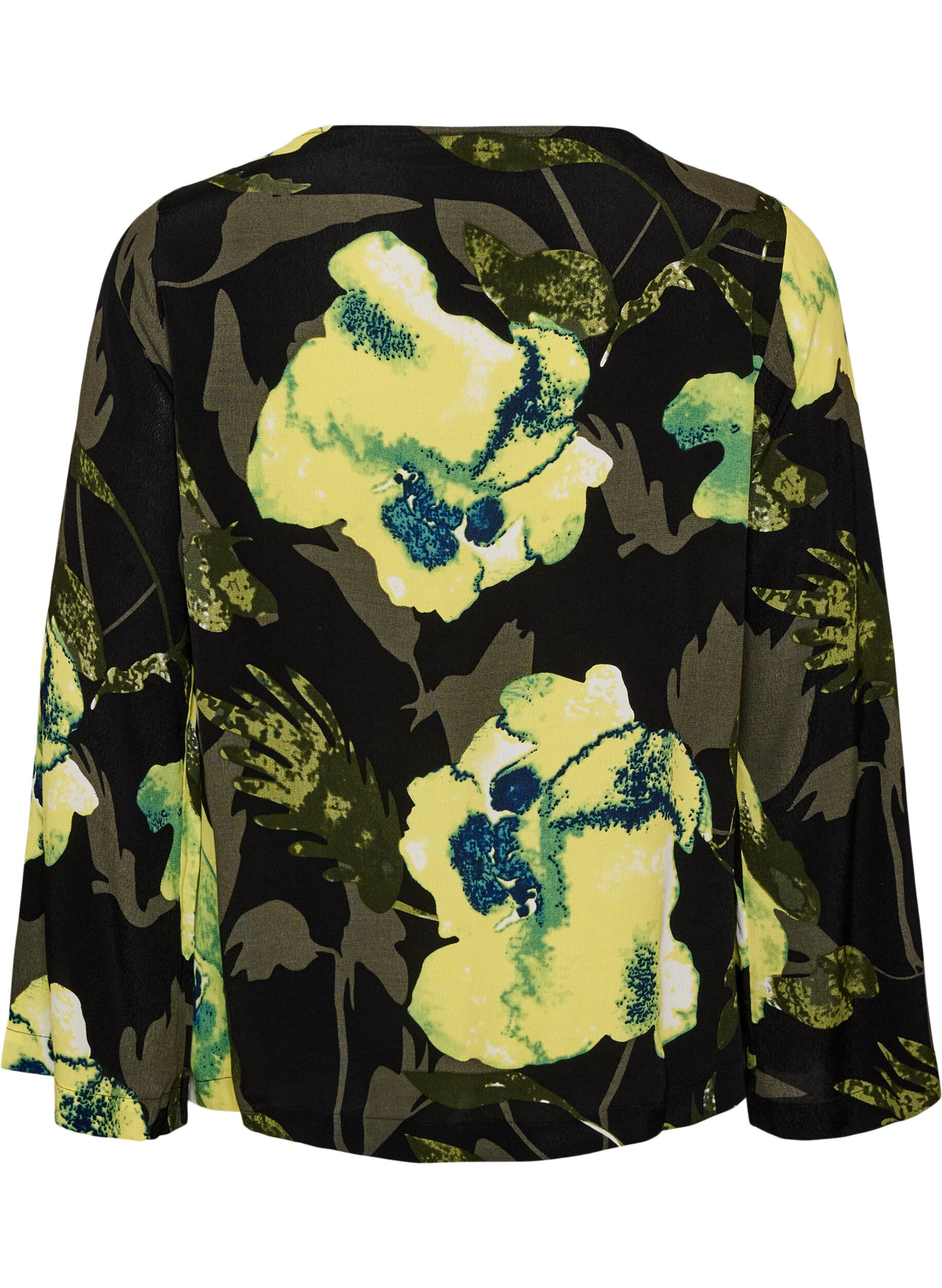 ZizziBlomstret bluse med b&aring;dudsk&aelig;ring og brede &aelig;rmer, Sort, Packshot image number 1
