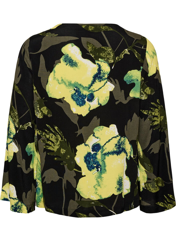 Blomstret bluse med b&aring;dudsk&aelig;ring og brede &aelig;rmer, Sort, Packshot image number 1