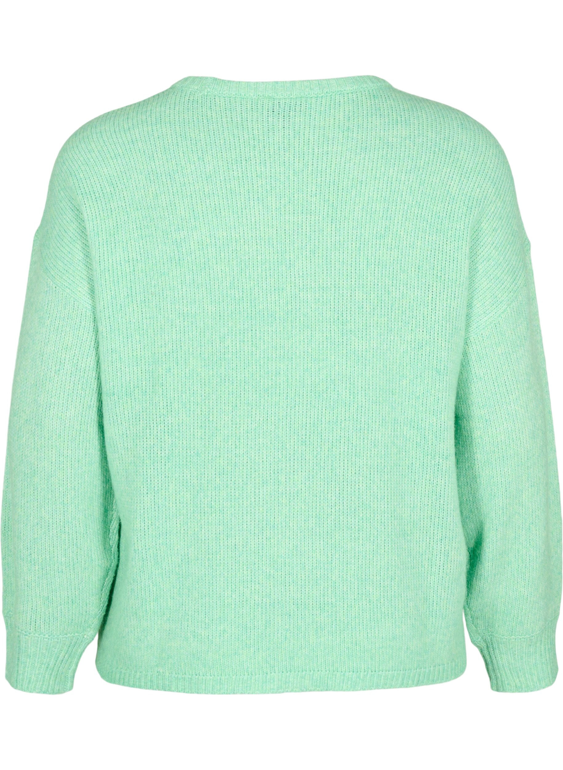 Zizzi Lang&aelig;rmet strikbluse med uld og rund hals, Light G. Green Mel., Packshot image number 1