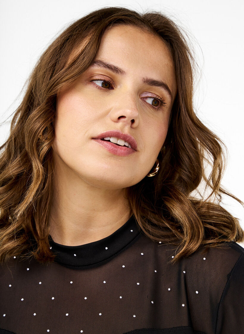 Bodystocking med nitter og lange mesh ærmer, Black, Image image number 0