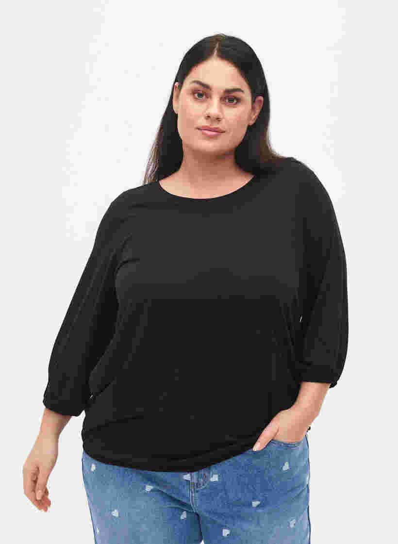 Ensfarvet bluse med 3/4 ærmer, Black, Model image number 0