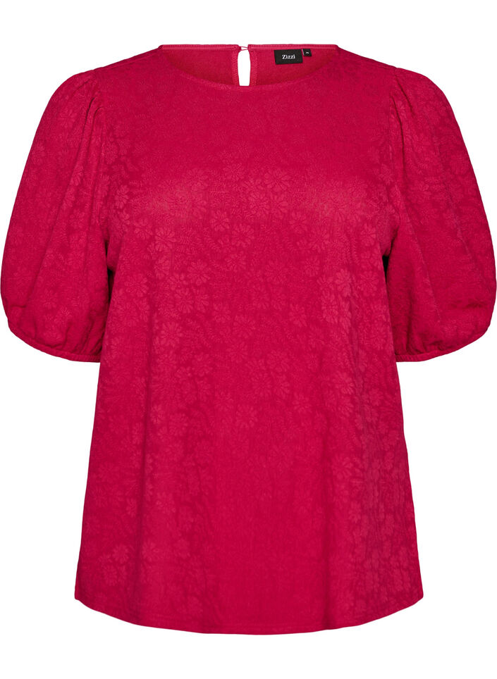 Bluse med struktur og korte &aelig;rmer, Lyser&oslash;d, Packshot image number 0