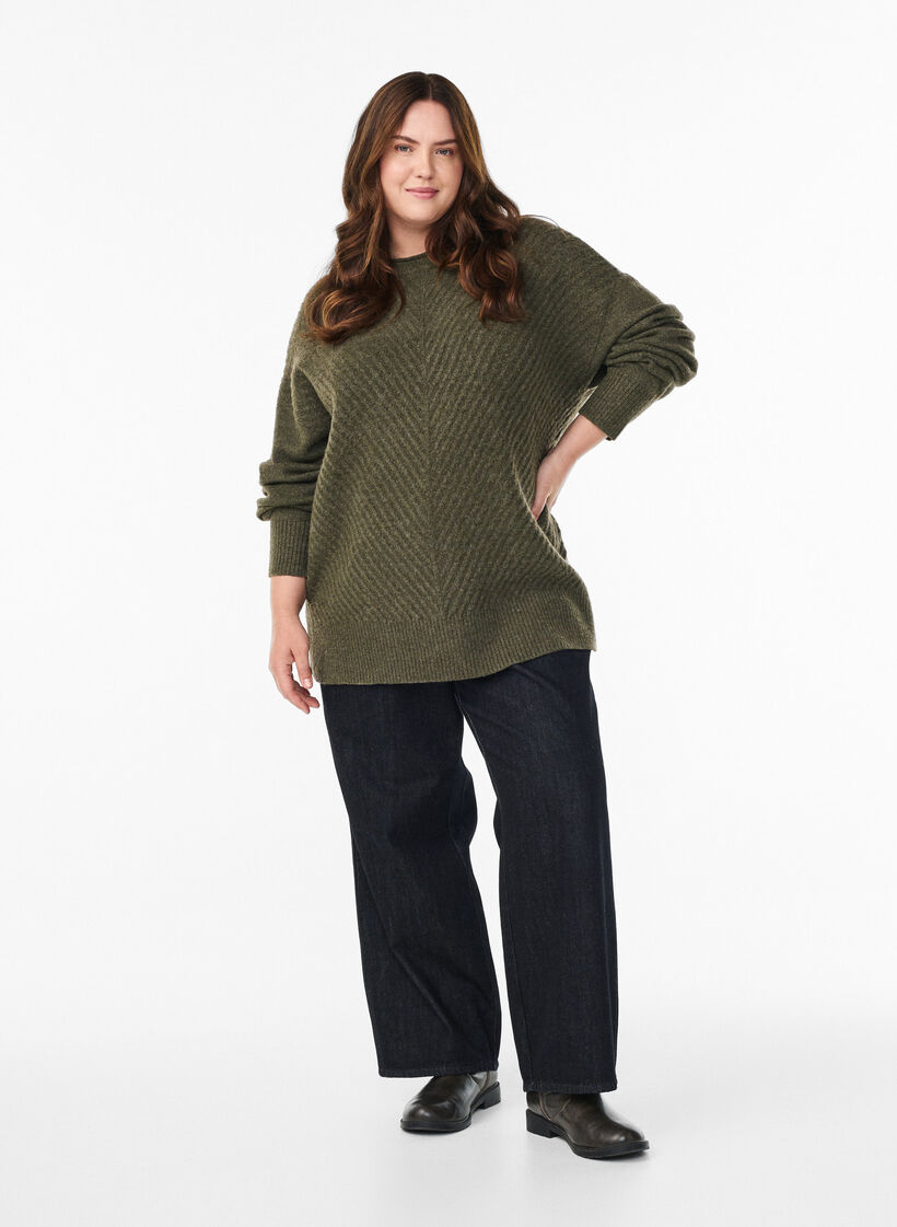 Strikbluse med V-formet ribm&oslash;nster og slidser, Gr&oslash;n, Model image number 1