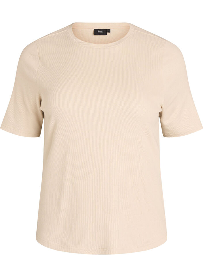 Basis t-shirt i ribbet kvalitet med rund hals, Beige, Packshot image number 0