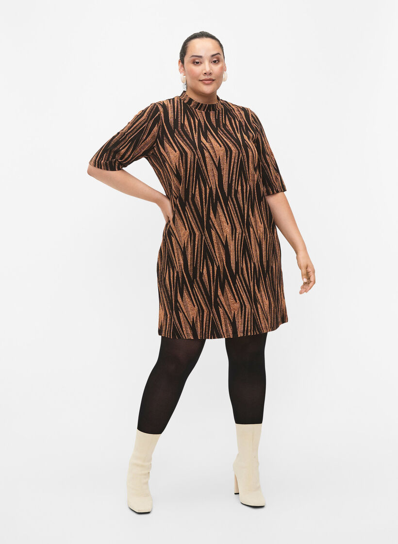 Mønstret kjole med glitter og korte ærmer, Black w. Copper, Model image number 2