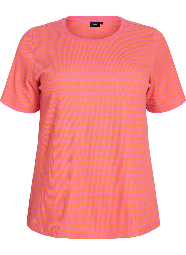 Stribet t-shirt med ribstruktur, Orange, Packshot image number 0