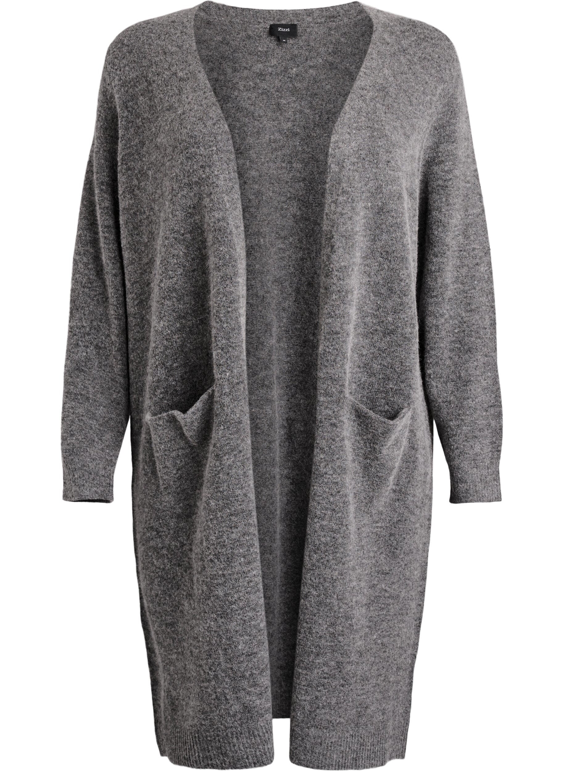 Lang cardigan i strik med uld og alpaka