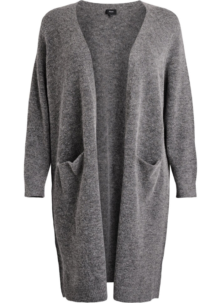Lang cardigan i strik med uld og alpaka, Grå, Packshot image number 0