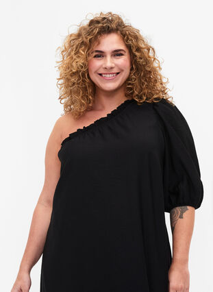 One-shoulder kjole i viskose, Black, Model image number 2