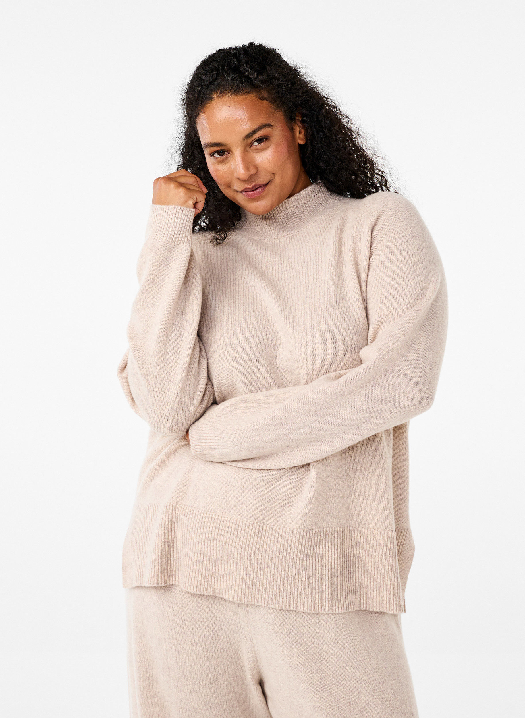Zizzi Strikbluse i merinould med turtleneck, Pumice Stone Mel., Model image number 0