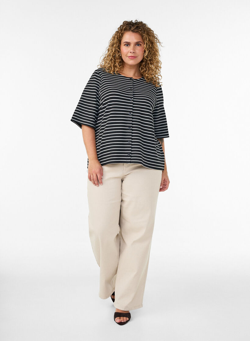 Bluse med ribbet struktur og knaplukning, Sort, Model image number 1