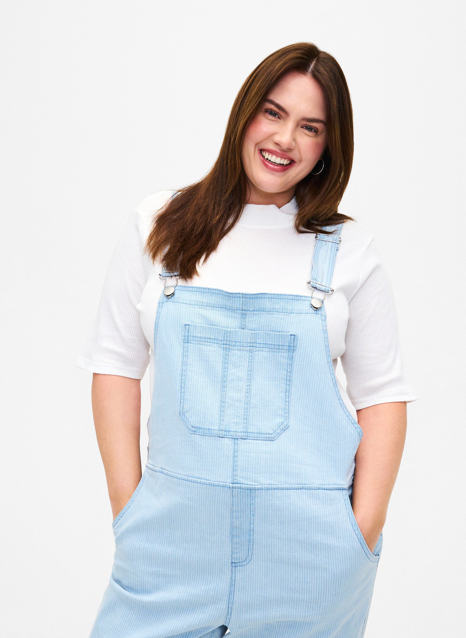 Zizzi Stribede denim overalls, Bl&aring;, Model image number 2