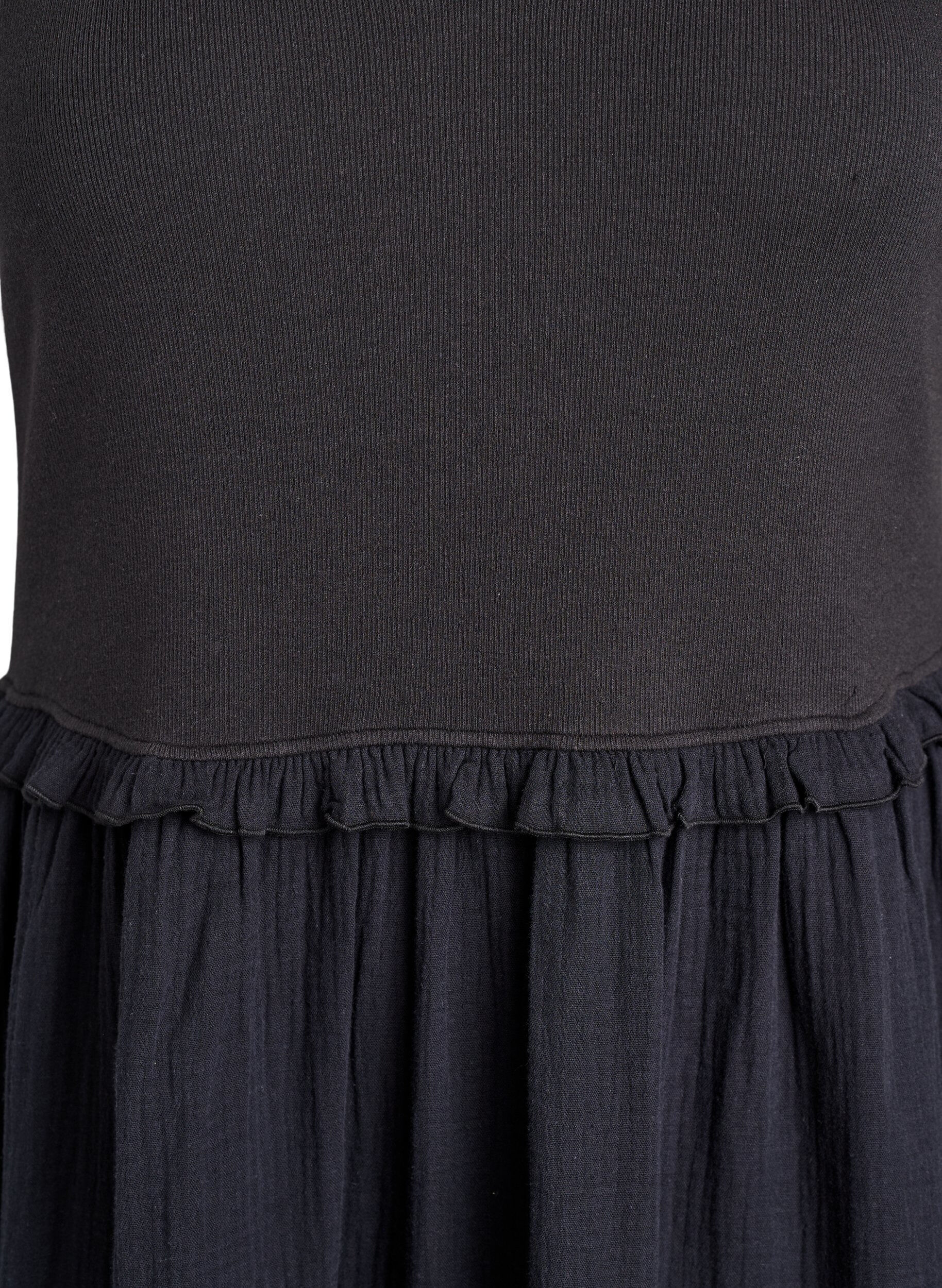 Zizzi&AElig;rmel&oslash;s midikjole i bomuld med rib og musselin, Sort, Packshot image number 2