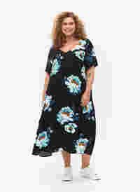 Blomstret kjole med korte ærmer i viskose, Black Big Flower, Model