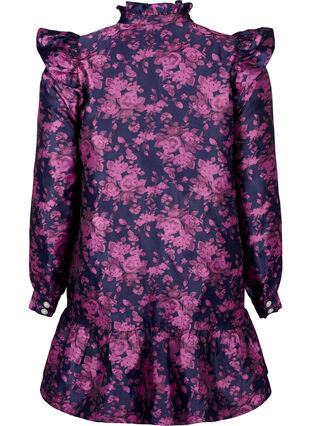 Kjole med flæsedetaljer og perleknapper, Dark Blue Pink, Packshot image number 1