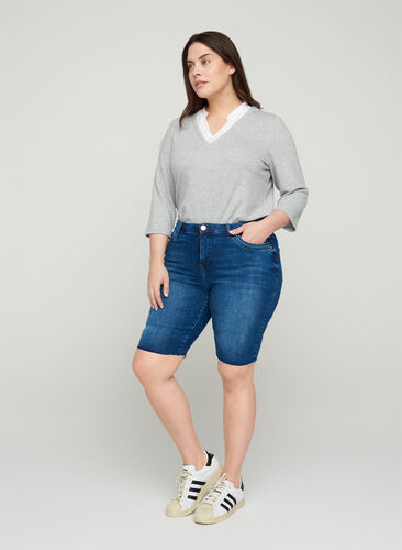 Amy denim shorts med høj talje, Blue denim, Model image number 0